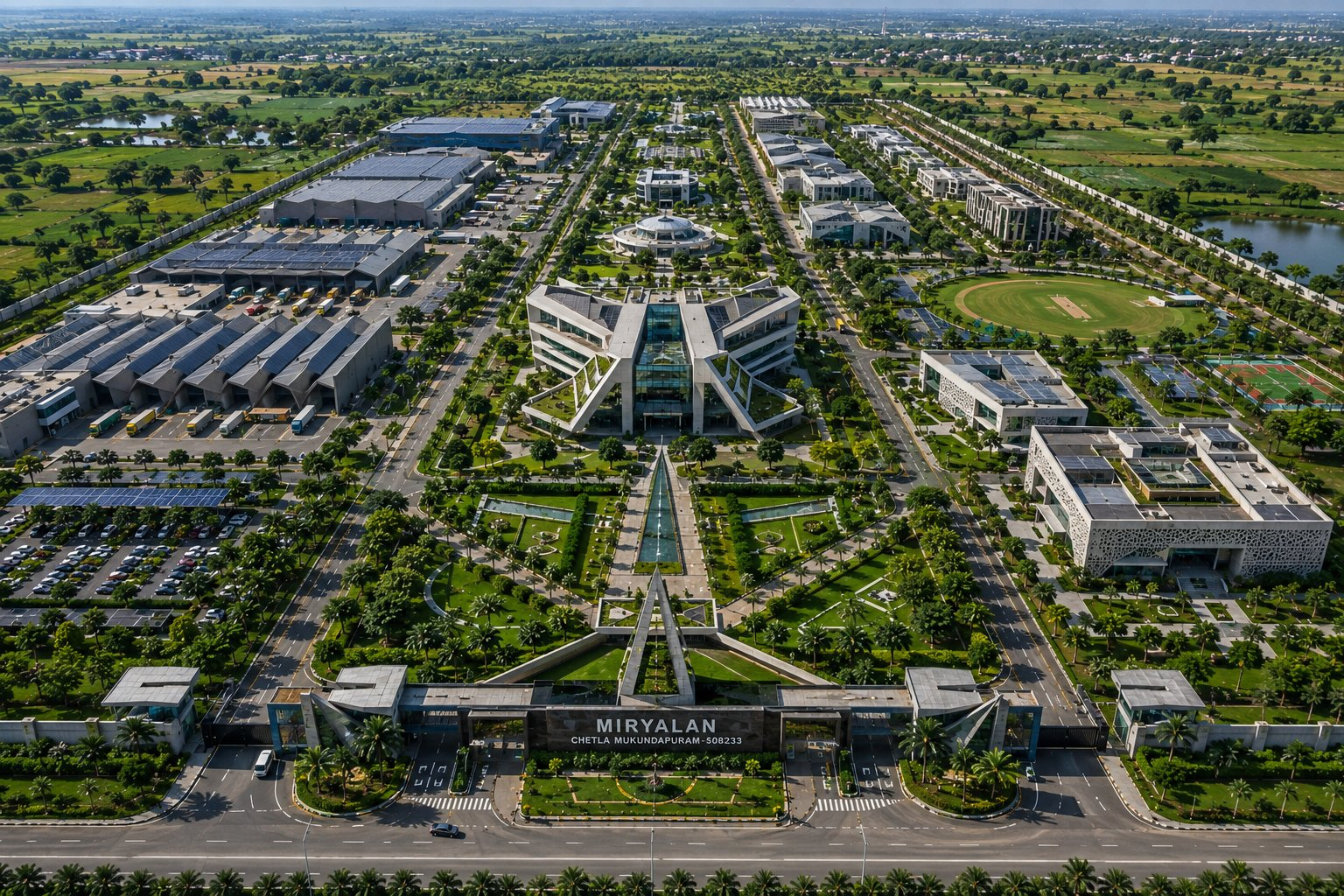 Aerial view of the Miryalan Dynasty campus, Chetla Mukundapuram
