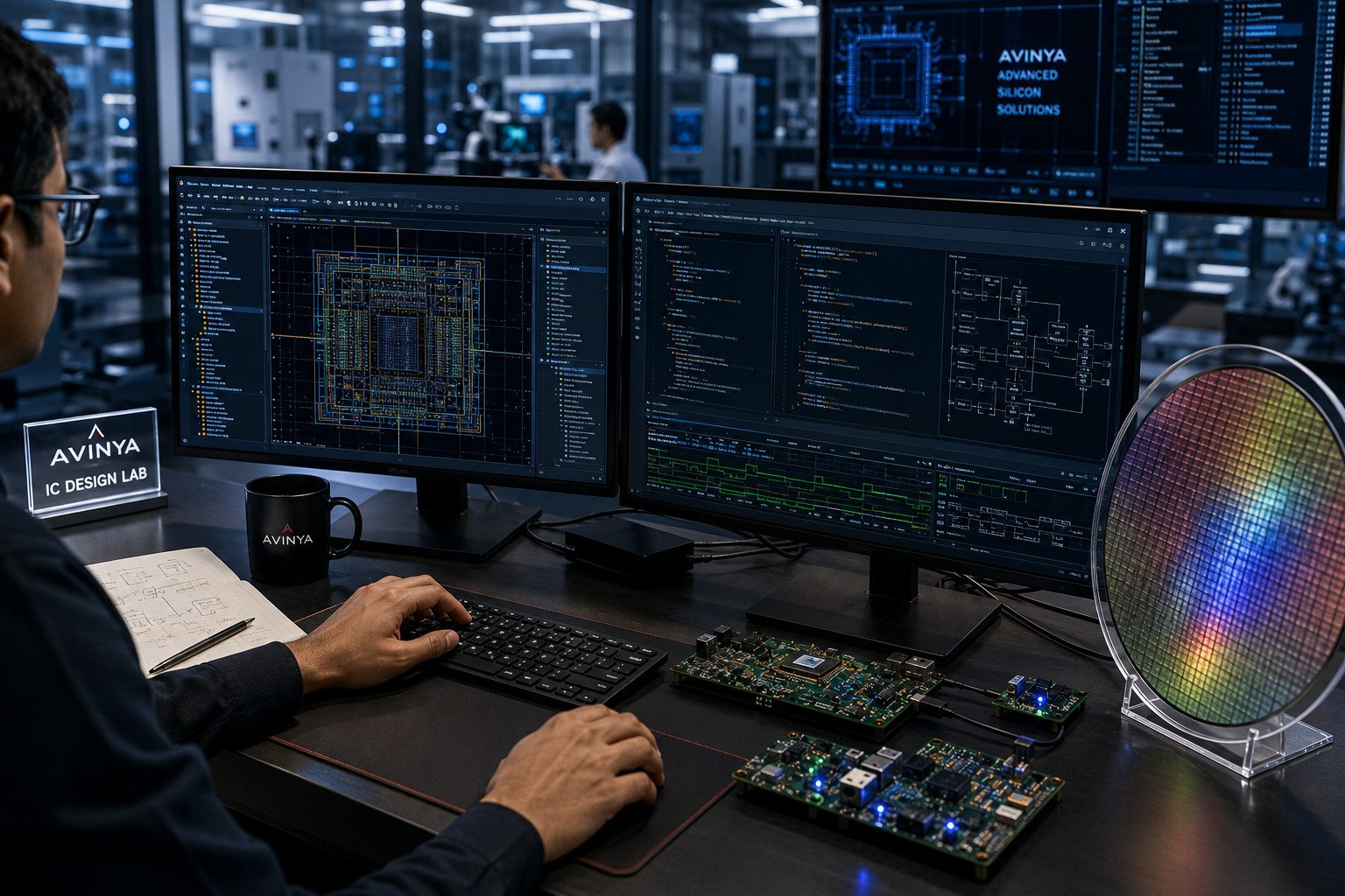 Engineer at an IC design workstation with a silicon wafer and circuit boards