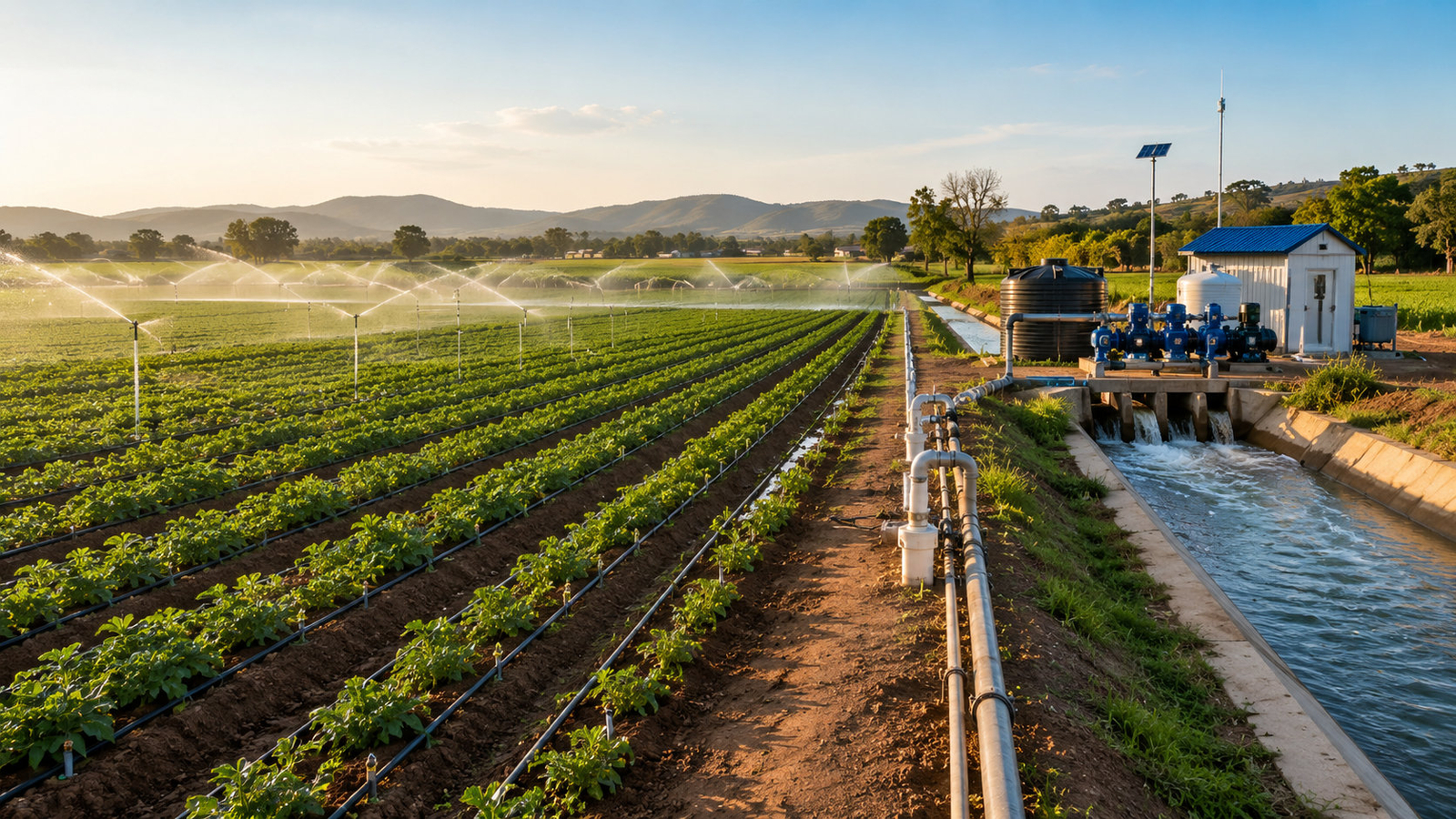 Irrigated crop rows beside a canal and pump house