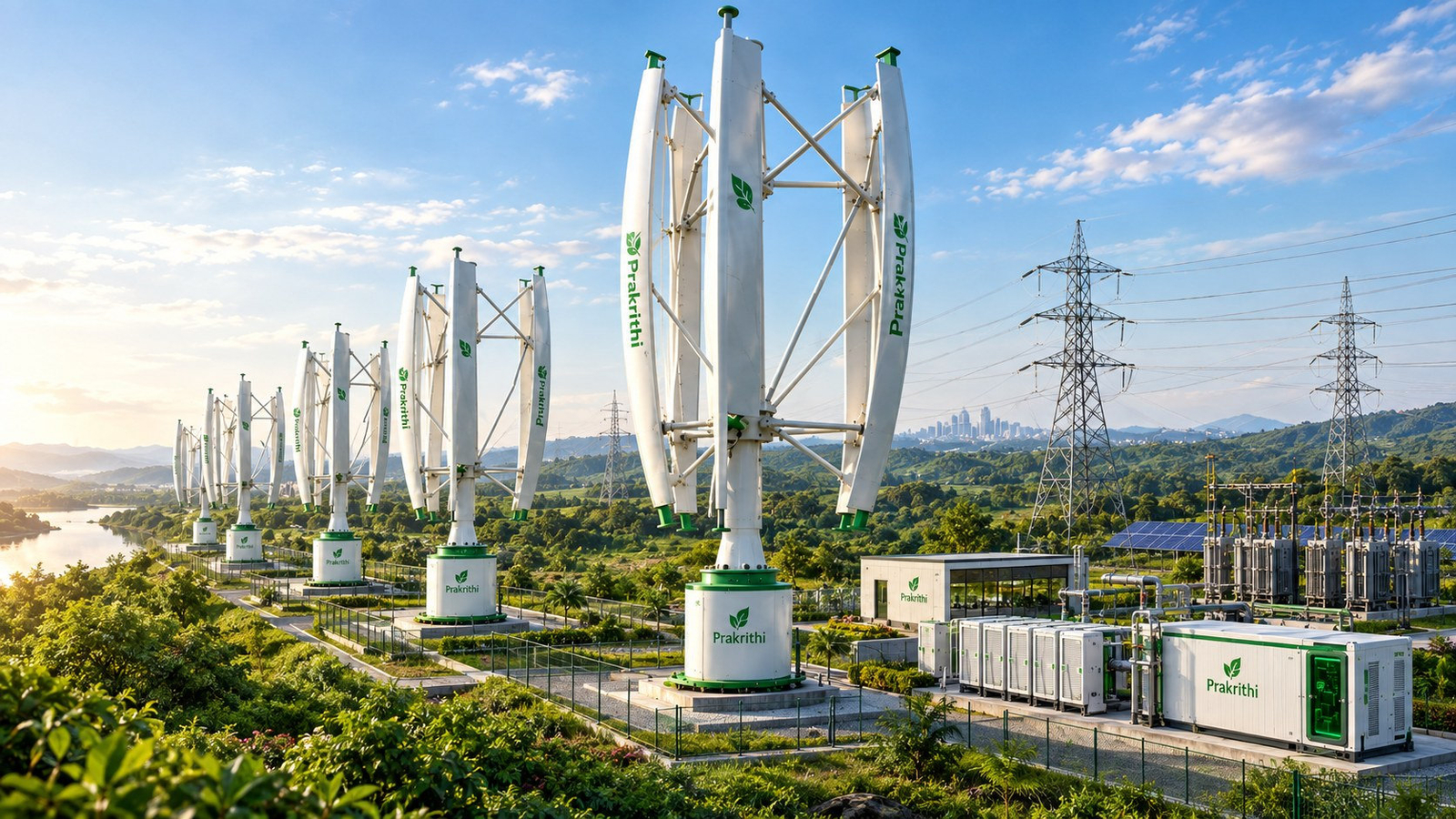 Row of vertical-axis wind turbines beside a grid substation